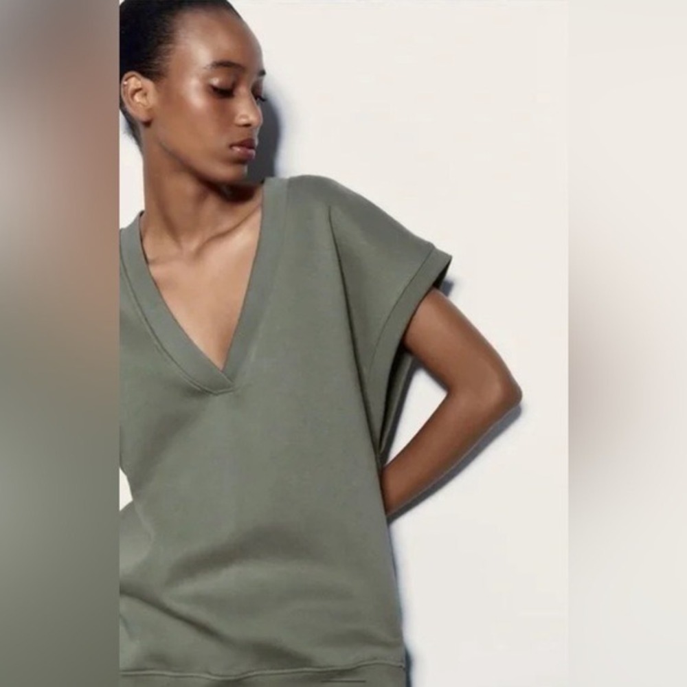 Zara Oversize Khaki Plush V-Neck Vest Capped Sleeve Fleece Top Medium - Picture 3 of 8
